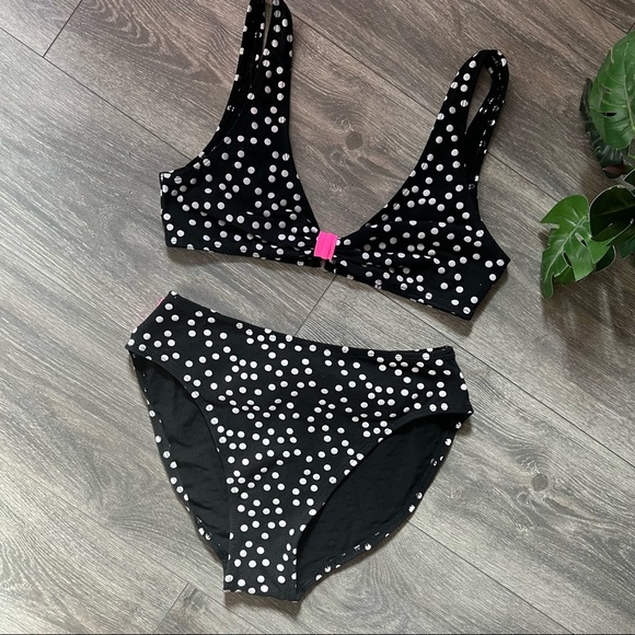 Vintage 80s 90s Gitano Cotton Poly Polka Dot Neon Pink Bow Bikini Barbie - Picture 2 of 6